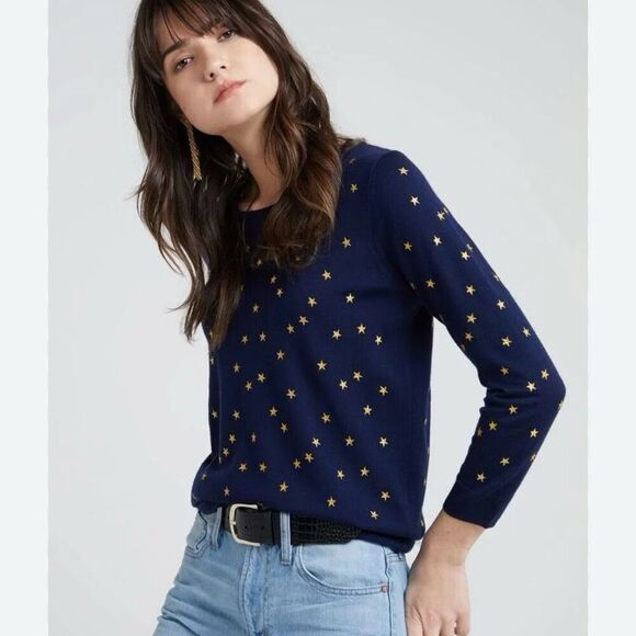 J. Crew Women's Small Navy Blue 100% Merino Wool Tippi Sweater Embroidered Stars - Picture 1 of 10